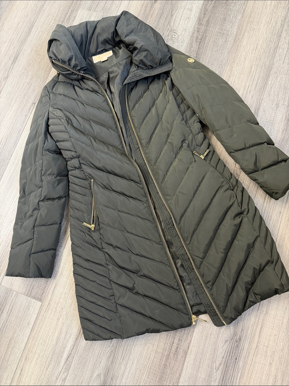 Michael Kors Black Quilted Long Puffer Coat with Gold Hardware